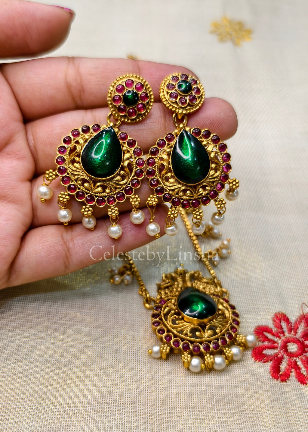 Mayura Green Stone pendant necklace set - CBL0003