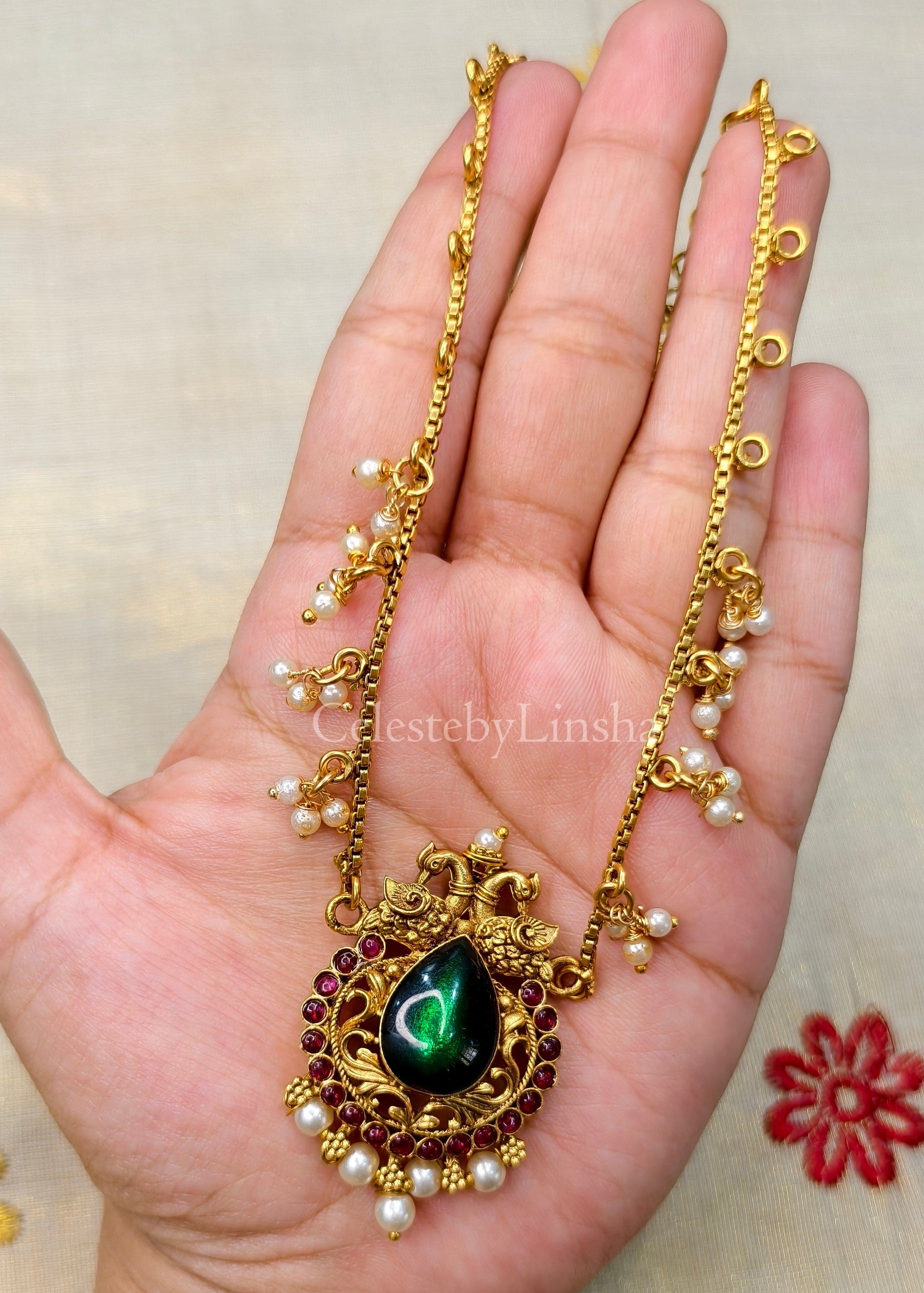 Mayura Green Stone pendant necklace set - CBL0003