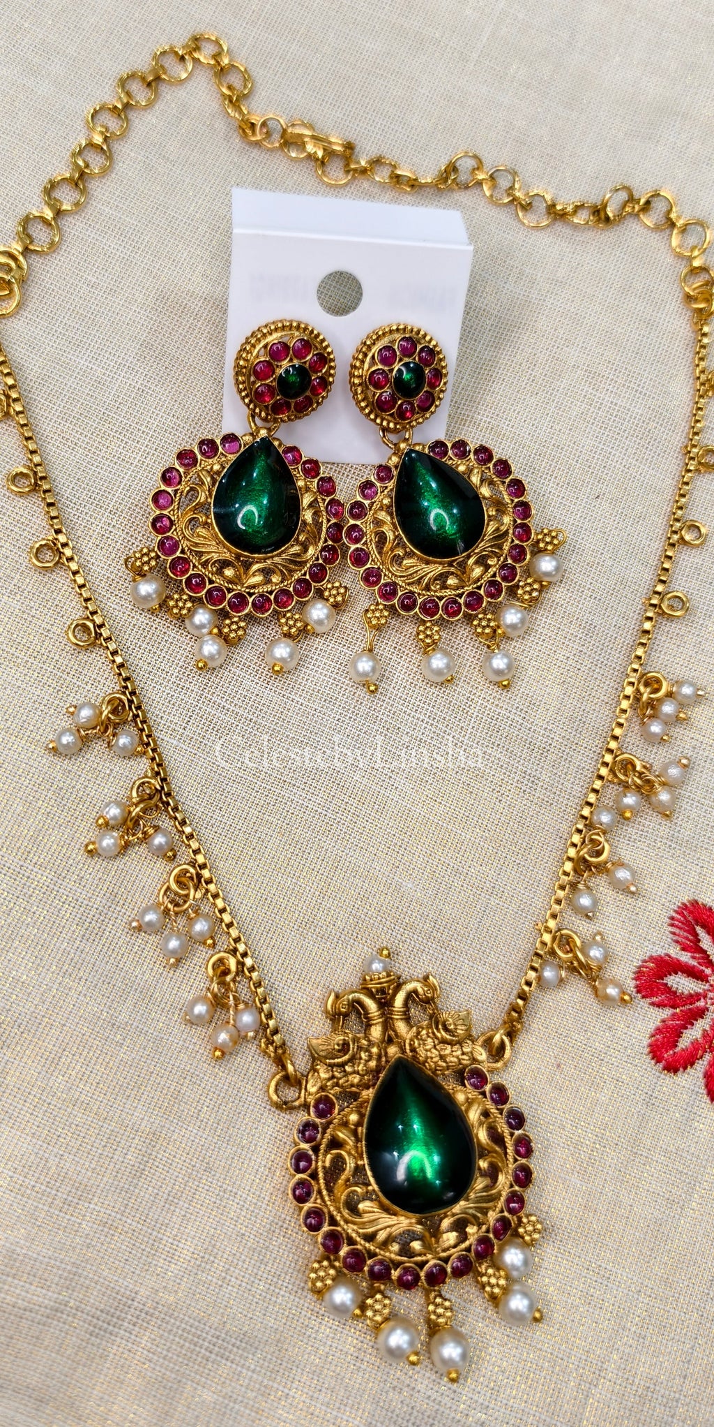 Mayura Green Stone pendant necklace set - CBL0003