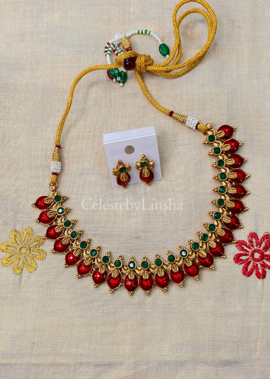 Enamel Palakka Necklace set Red / Green CBL0001/2