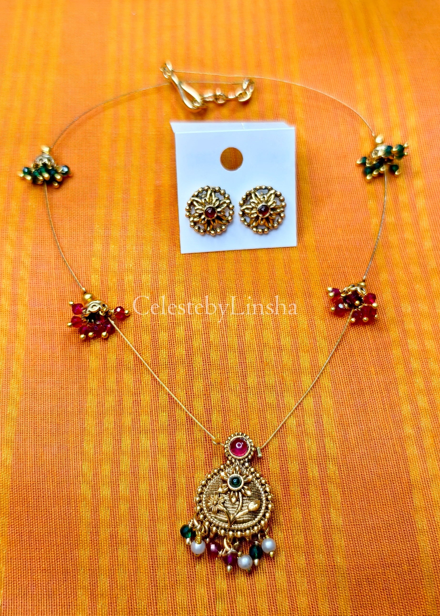 Floral Pendant invisible chain Necklace set -CBL0017