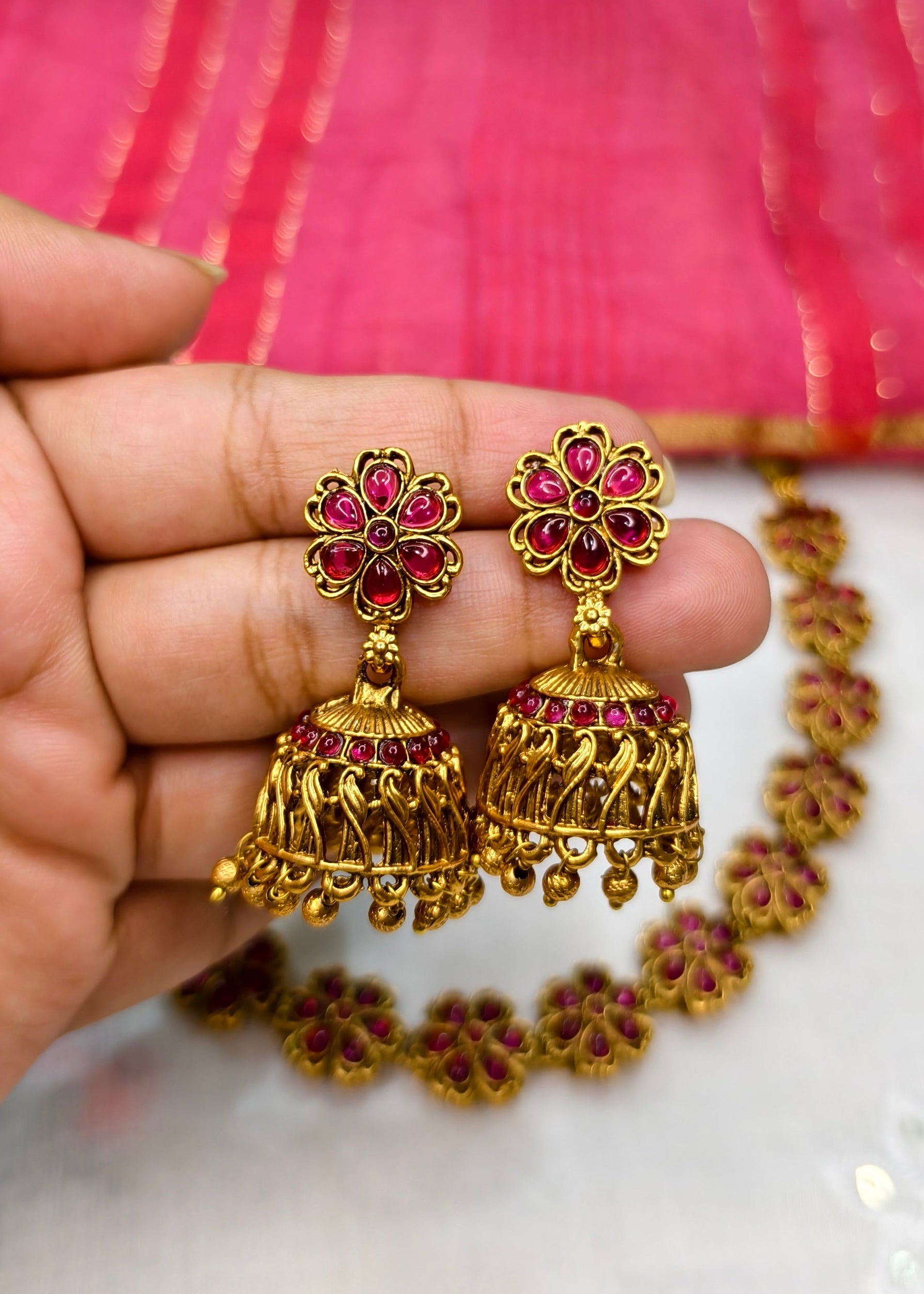 Minimal Floral Kemp Stone Necklace with Jhumkas -CBL0021