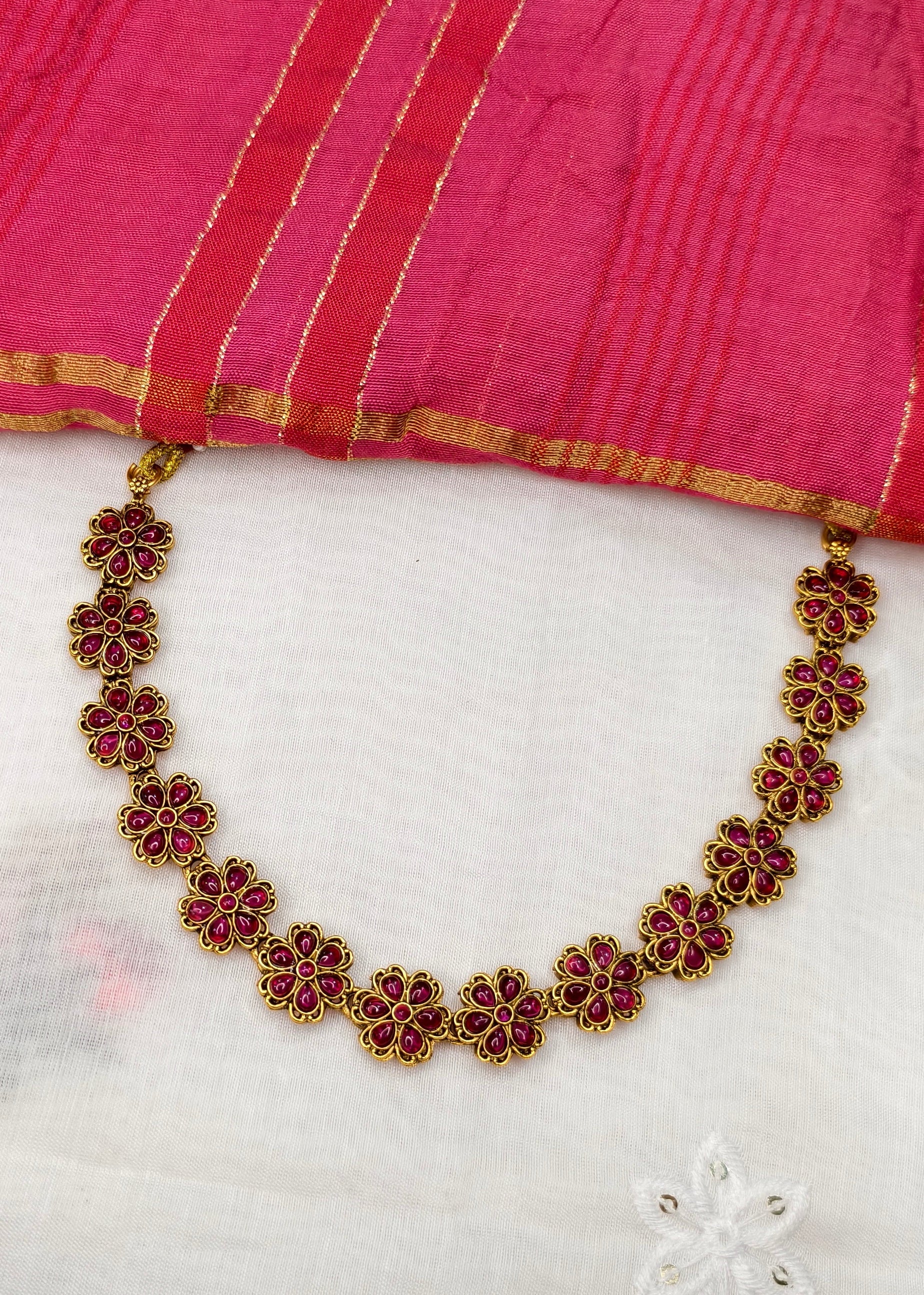 Minimal Floral Kemp Stone Necklace with Jhumkas -CBL0021