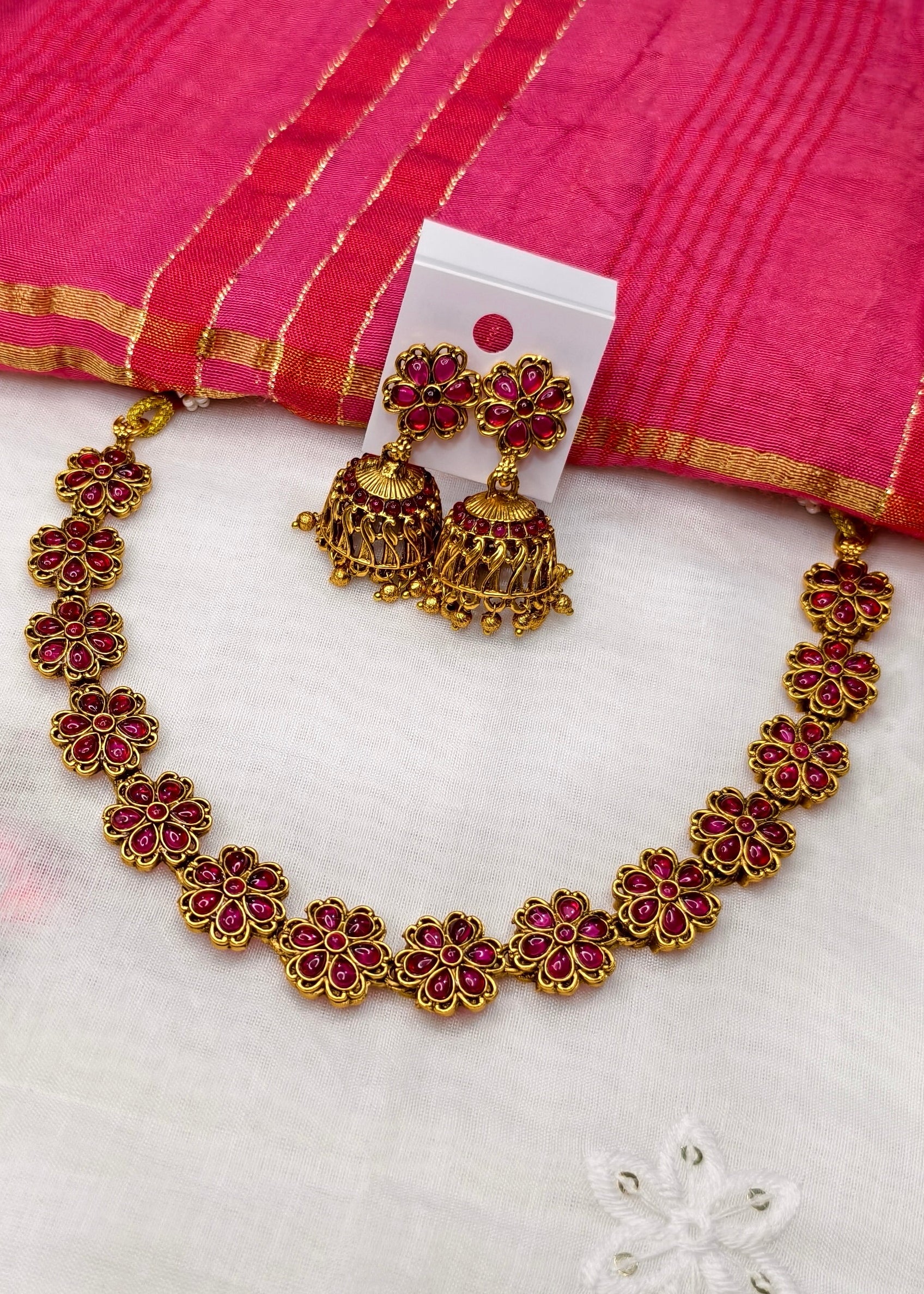 Minimal Floral Kemp Stone Necklace with Jhumkas -CBL0021