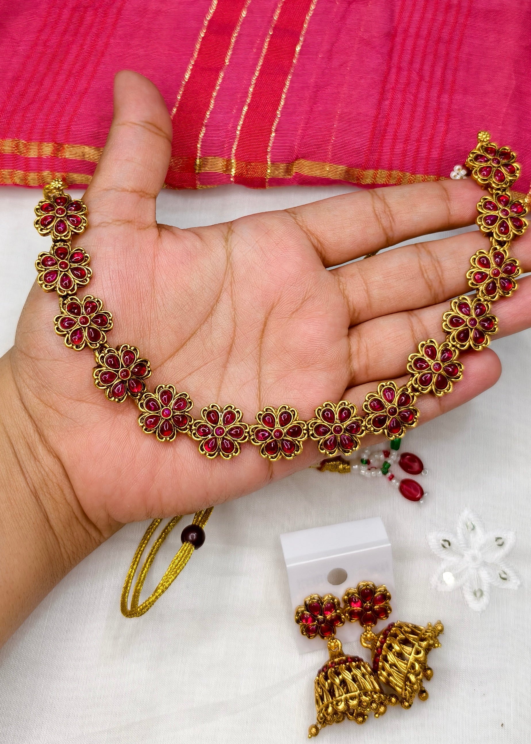 Minimal Floral Kemp Stone Necklace with Jhumkas -CBL0021