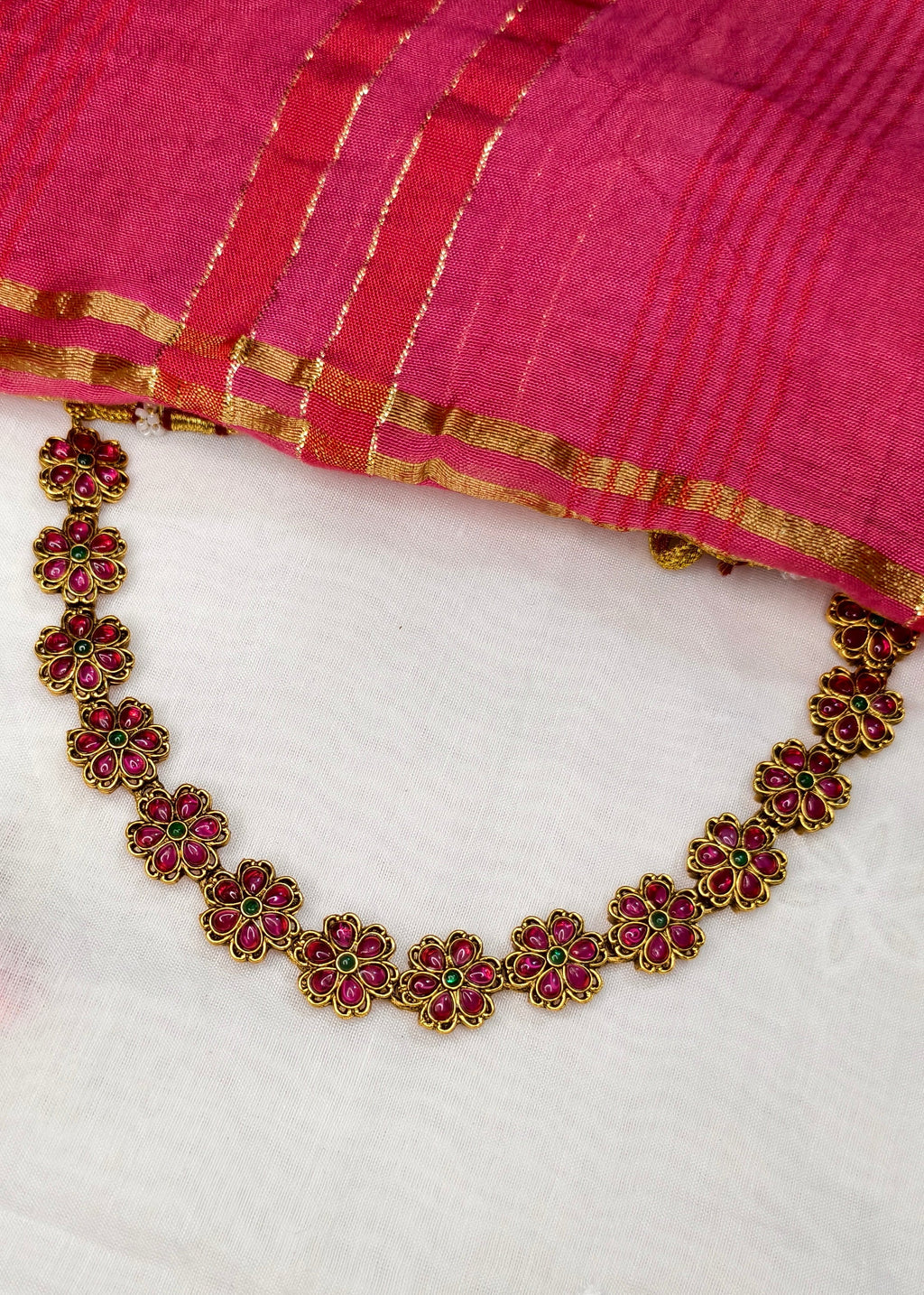 Minimal Floral Kemp Stone necklace with Jhumka (green stone variant) -CBL0022