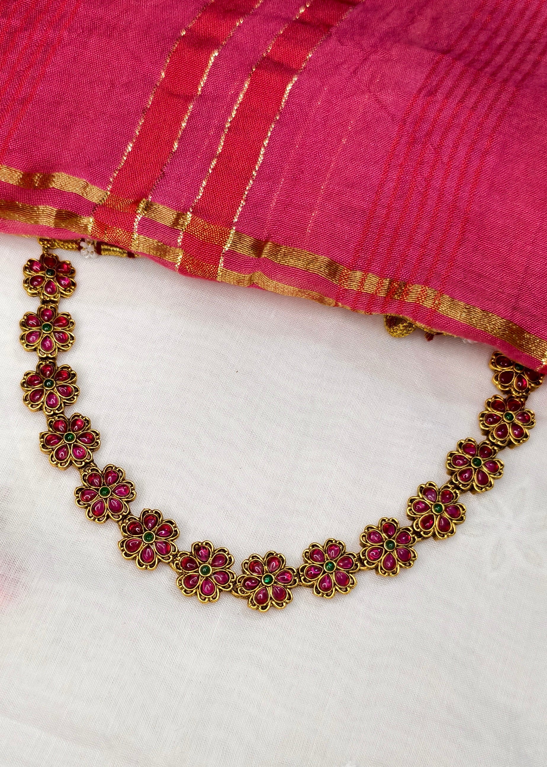 Minimal Floral Kemp Stone necklace with Jhumka (green stone variant) -CBL0022