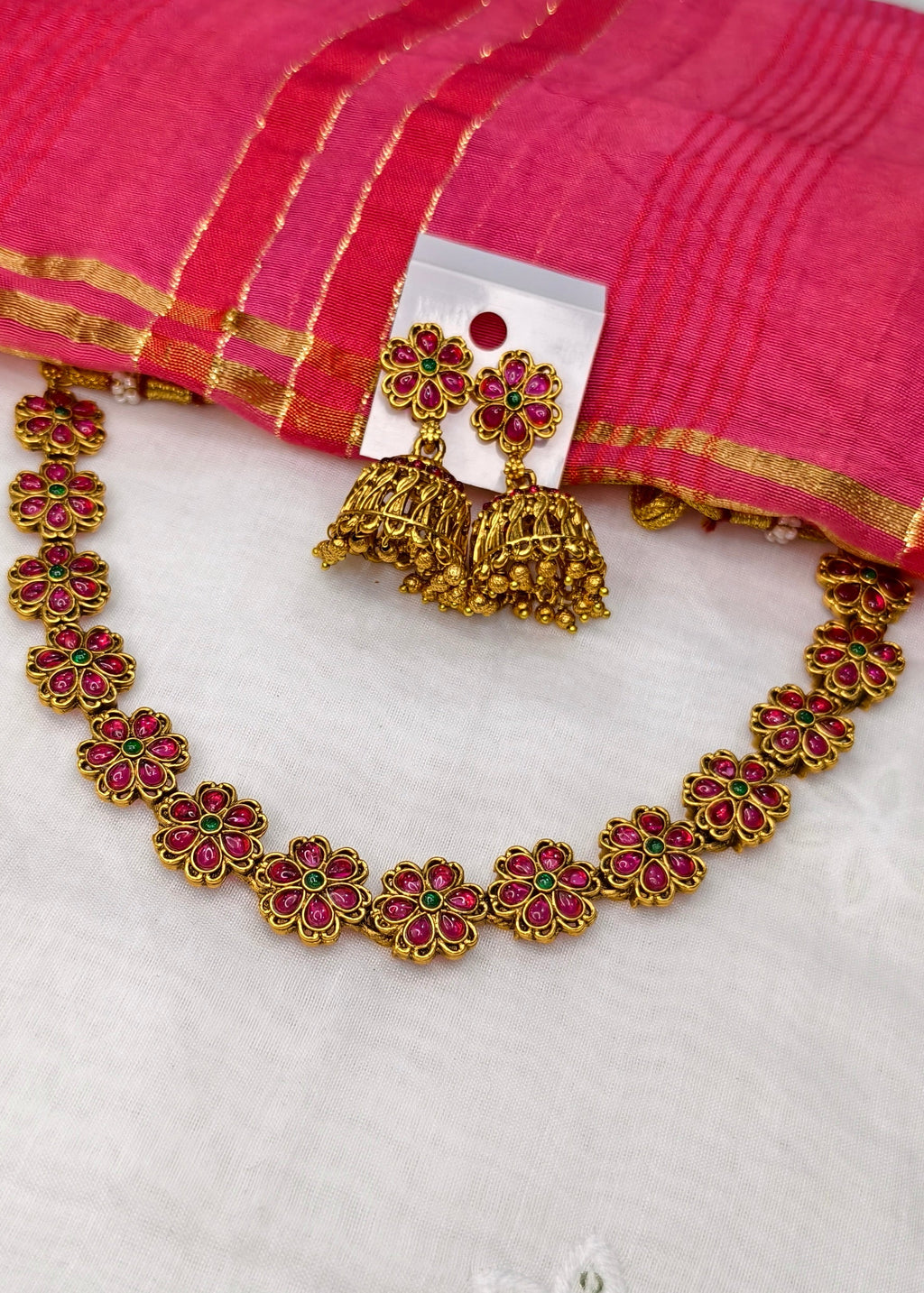 Minimal Floral Kemp Stone necklace with Jhumka (green stone variant) -CBL0022