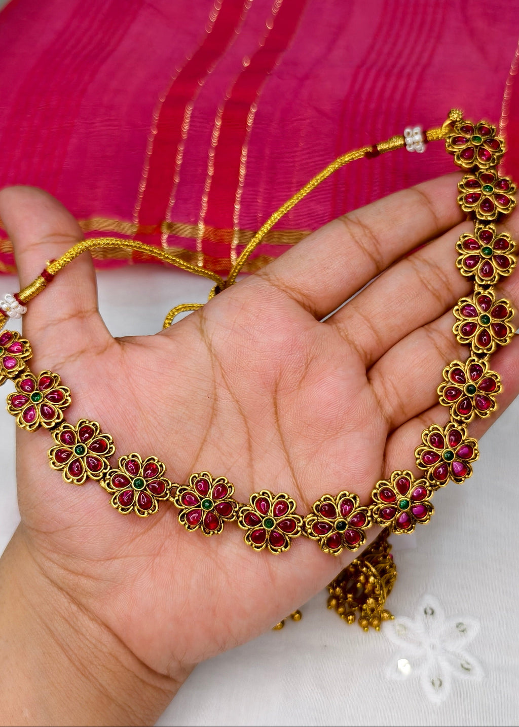 Minimal Floral Kemp Stone necklace with Jhumka (green stone variant) -CBL0022