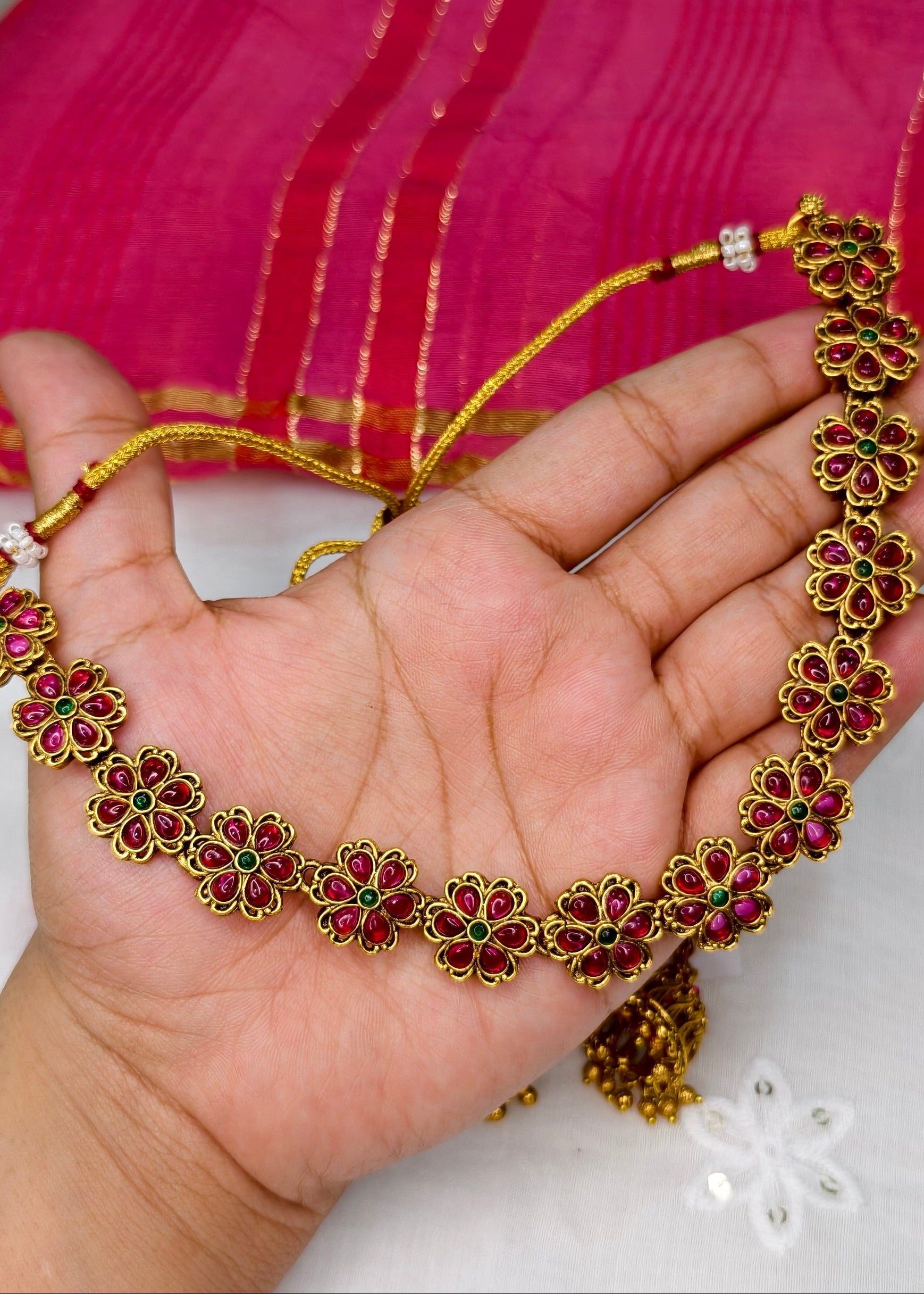 Minimal Floral Kemp Stone necklace with Jhumka (green stone variant) -CBL0022