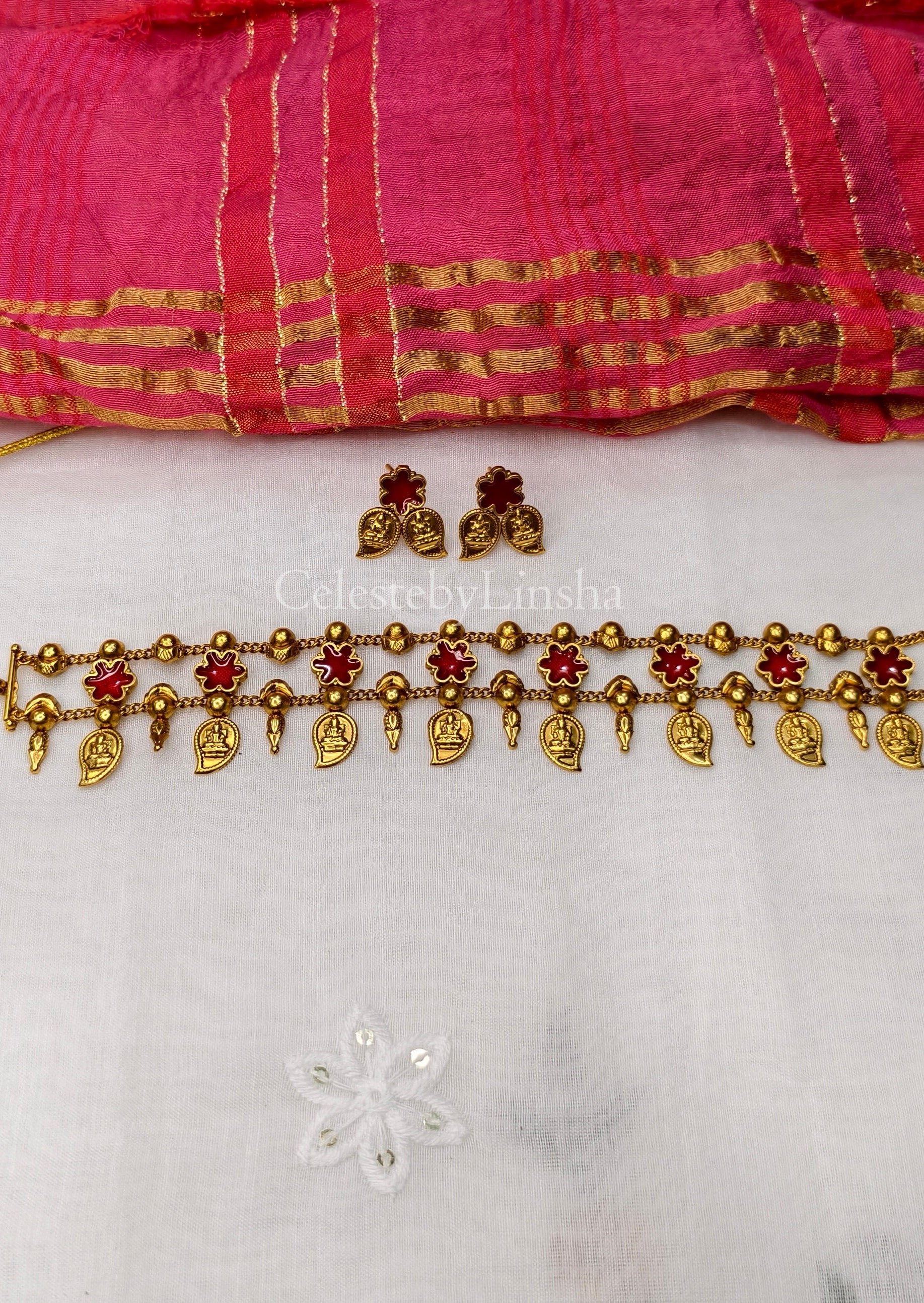 Aishwarya Lakshmi Choker Necklace set (Red) - CBL0025