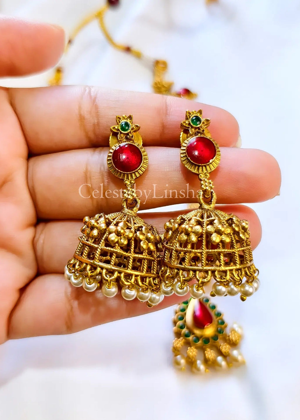 Round Red Palakka Inspired Necklace Set with Jhumka (CBL0005)