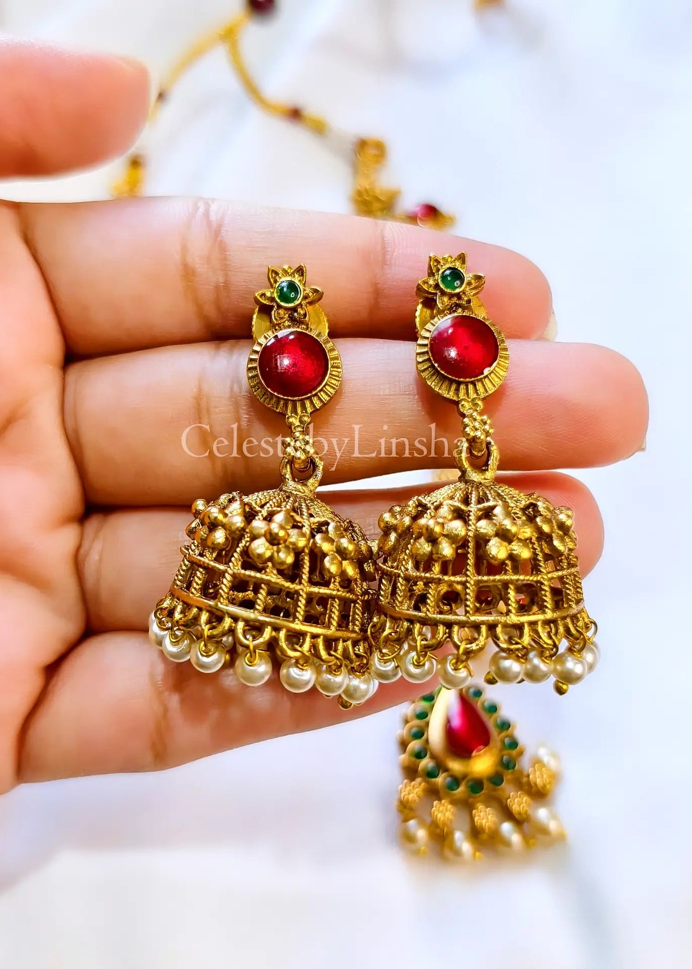 Round Red Palakka Inspired Necklace Set with Jhumka (CBL0005)