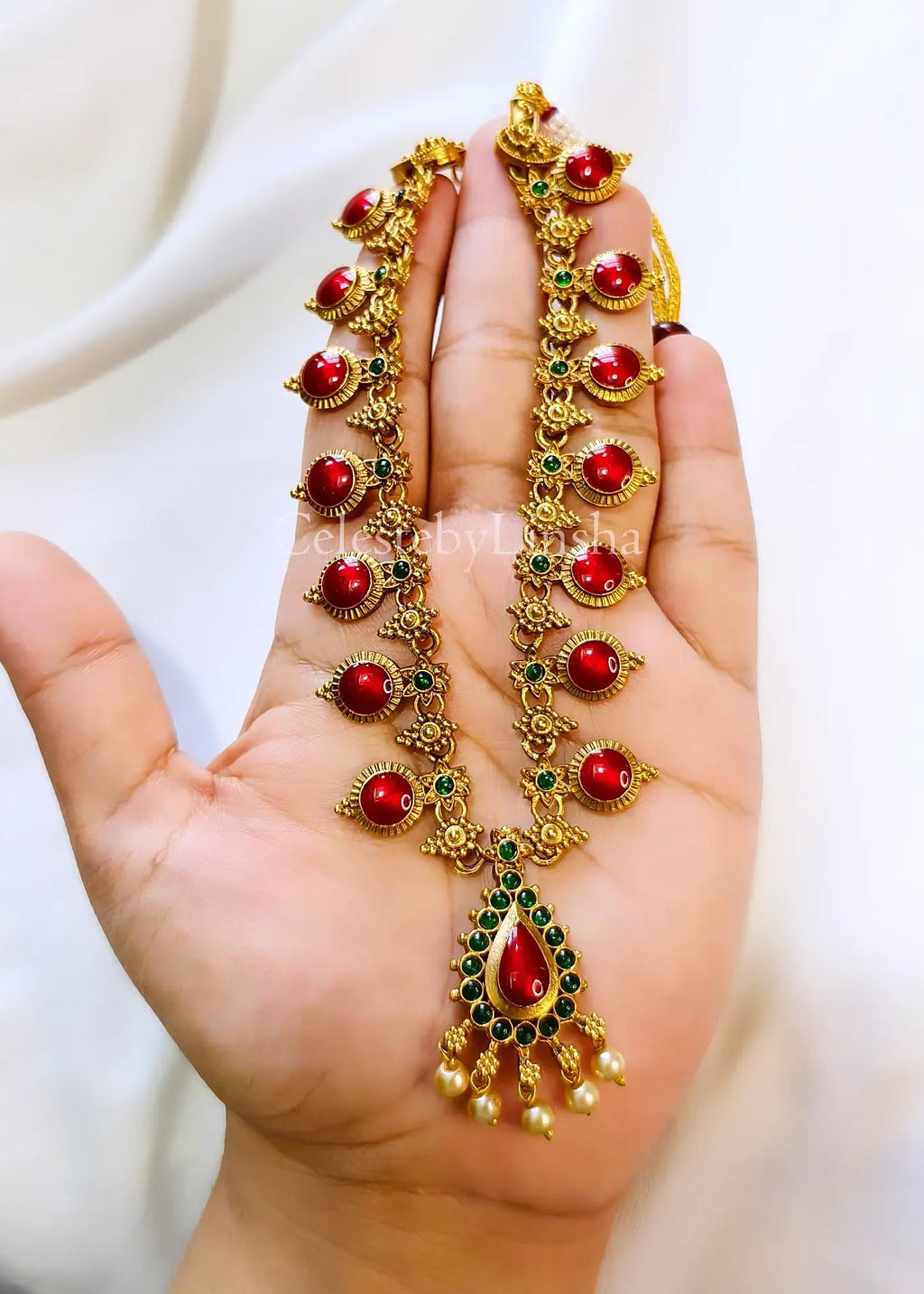 Round Red Palakka Inspired Necklace Set with Jhumka (CBL0005)