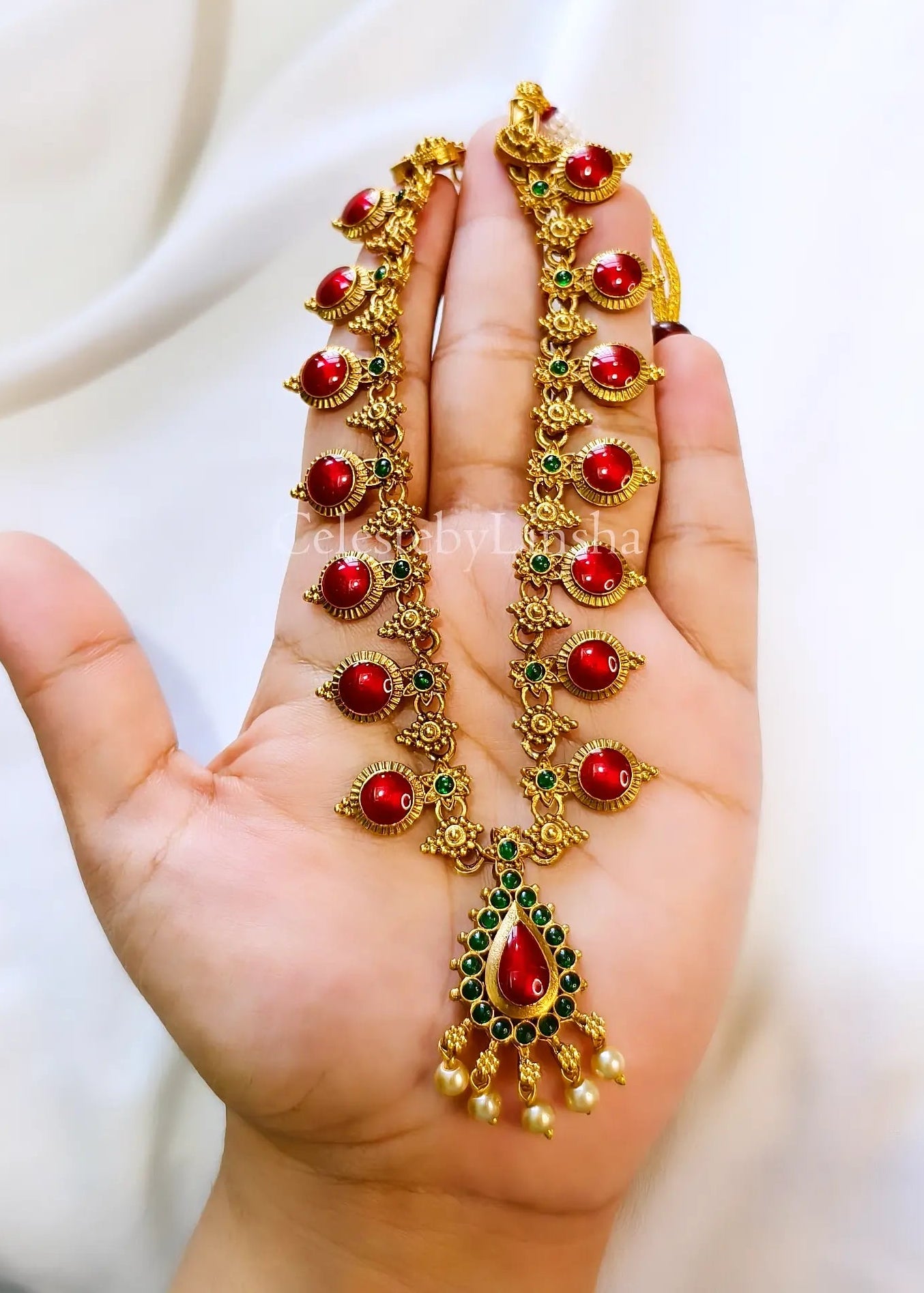 Round Red Palakka Inspired Necklace Set with Jhumka (CBL0005)